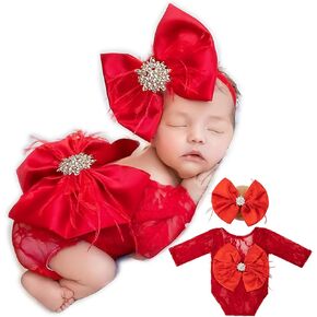 Newborn Photography Props, Infant Girl Photoshoot Lace Romper & Bow Headband Outfit, Baby Photo Props for Newborns