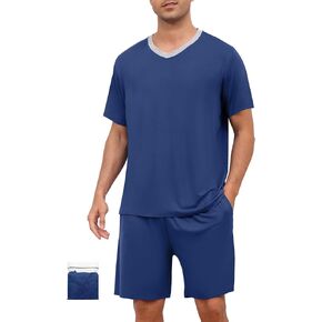 Mens Pajama Set Short Sleeve Sleepwear Summer Lightweight Pjs Set 2 Piece Comfy V-Neck Nightwear With Pockets S-3XL