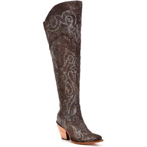 CORRAL LADIE'S BROWN-SILVER METALLIZED LEATHER & EMBROIDERY & SCRUNCHABLE LEATHER TALL TOP POINTED TOE, LEATHER SOLE, COWHIDE LEATHER, URBAN BOOTS, Z5242