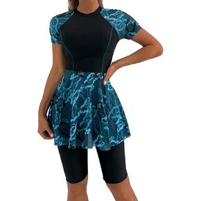 ODIZLI Womens Modest Swimsuit Short Sleeve Floral Print Swim Dress with Boyshorts Bathing Suit UPF 50+