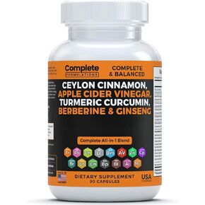 Ceylon Cinnamon Capsules with Berberine, Apple Cider Vinegar, Turmeric Curcumin, Ginseng, Zinc, Milk Thistle, Bitter Melon, Fenugreek & More