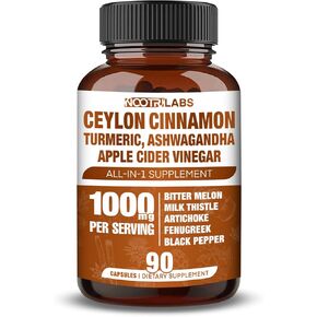 All -in -1 1000mg أعلى فاعلية Ceylon Cinnamon ، الكركم ، خل التفاح ، آشواغاندا ، البطيخ المرير مع الحليب الشوك ، الخرشوف والهروغريك - Gluco Health Support - 90 كبسولات نباتية