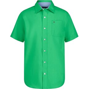Tommy Hilfiger Boys' Short Sleeve Woven Button-Down Shirt, Lightweight & Breathable, End on End Irish Green, 18-20
