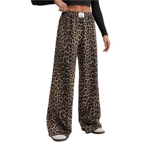 Women's Leopard Print Wide Leg Pants Patched Elastic Waist Casual Loose Trousers