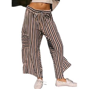 EVALESS Women Palazzo Pants Summer Casual Wide Leg High Waist Lounge Flowy Beach Striped Trousers Travel Vacation Outfits