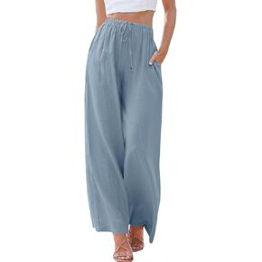 ANRABESS Womens Linen Palazzo Pants Summer Flowy Wide Leg Drawstring Casual Trousers with Pockets Beach Vacation Outfits