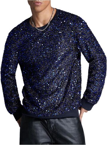WDIRARA Men's Glitter Sequin Round Neck Sweatshirt Long Sleeve Solid Top in Saudi Arabia
