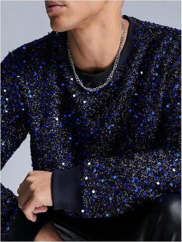 WDIRARA Men's Glitter Sequin Round Neck Sweatshirt Long Sleeve Solid Top in Saudi Arabia