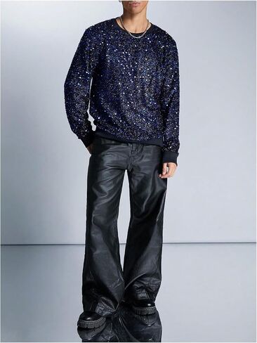 WDIRARA Men's Glitter Sequin Round Neck Sweatshirt Long Sleeve Solid Top in Saudi Arabia