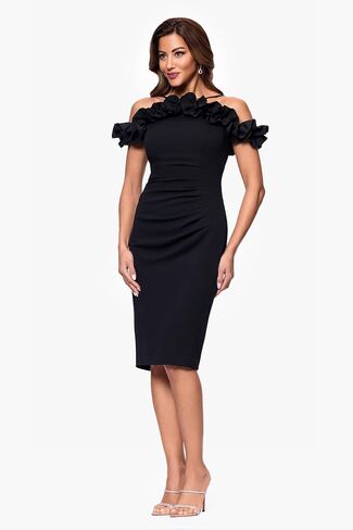 Xscape Women's Halter Neck Ruffle Off The Shoulder Scuba Crepe Midi Dress in Saudi Arabia