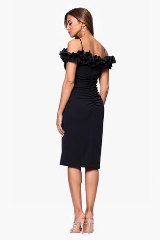 Xscape Women's Halter Neck Ruffle Off The Shoulder Scuba Crepe Midi Dress in Saudi Arabia