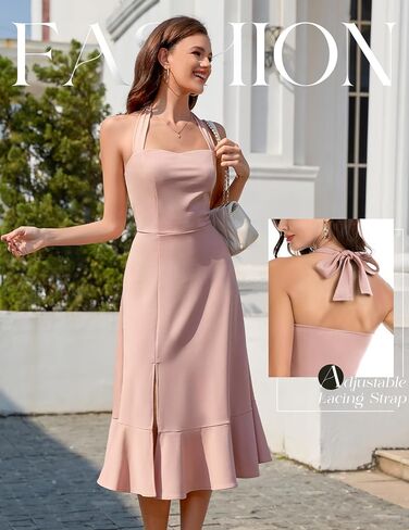 DRESSTELLS Women's Halter Cocktail Dresses 2025 Wedding Guest Formal Prom Bridesmaid Tea Length Split Ruffle Summer Dress in Kuwait