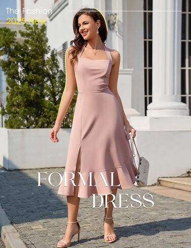 DRESSTELLS Women's Halter Cocktail Dresses 2025 Wedding Guest Formal Prom Bridesmaid Tea Length Split Ruffle Summer Dress in Kuwait