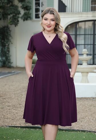 Nemidor Plus Size Dresses for Curvy Women Casual Summer V Neck Short Sleeve Midi Cocktail Vintage Dress with Pocket in Saudi Arabia