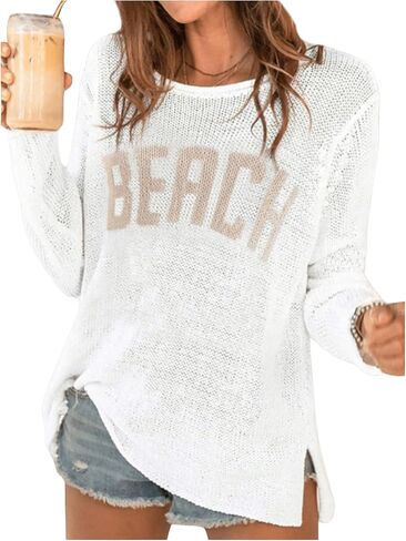 COZYEASE Women's Beach Cover Up Letter Print Long Sleeve Sweater Crew Neck Split Hem Crochet Jumper Top in Kuwait