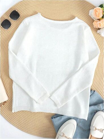 COZYEASE Women's Beach Cover Up Letter Print Long Sleeve Sweater Crew Neck Split Hem Crochet Jumper Top in Kuwait