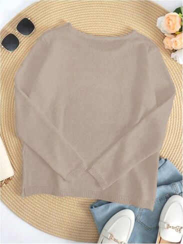 COZYEASE Women's Beach Cover Up Letter Print Long Sleeve Sweater Crew Neck Split Hem Crochet Jumper Top in Kuwait