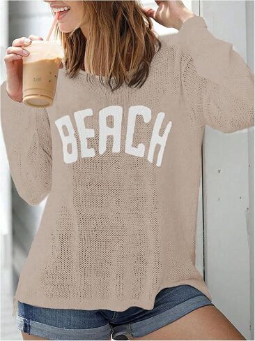 COZYEASE Women's Beach Cover Up Letter Print Long Sleeve Sweater Crew Neck Split Hem Crochet Jumper Top in Kuwait
