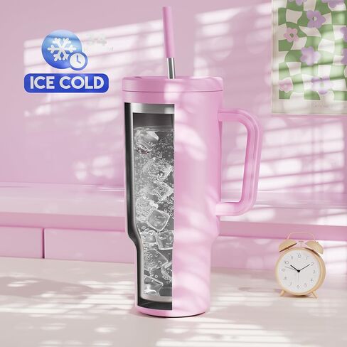 كوب ميوكي يتوهج في الظلام بمقبض وقش، كوب بغطاء وقش، كوب سفر معزول من الفولاذ المقاوم للصدأ، مقاوم للتسرب بنسبة 100%، يحافظ على البرودة لمدة 34 ساعة (فراشة) in Kuwait