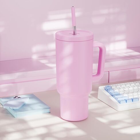 كوب ميوكي يتوهج في الظلام بمقبض وقش، كوب بغطاء وقش، كوب سفر معزول من الفولاذ المقاوم للصدأ، مقاوم للتسرب بنسبة 100%، يحافظ على البرودة لمدة 34 ساعة (فراشة) in Kuwait