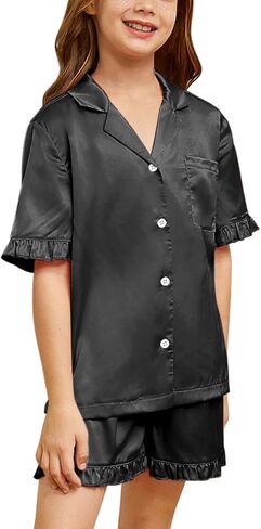 QPANCY Silk Pajamas for Girls Button Down 2 Piece Pj Sets Kids Satin Pajamas Ruffle Short Sleeve Sleepwear Loungewear in Saudi Arabia