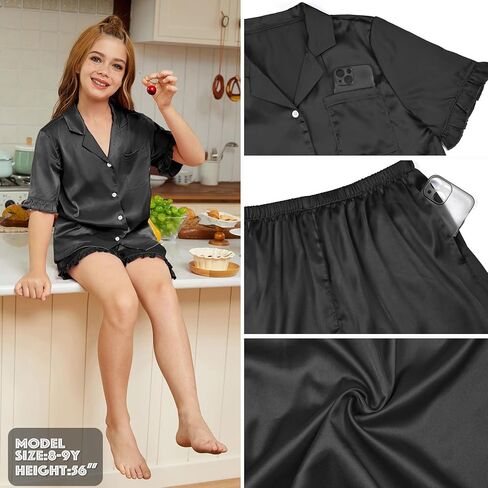 QPANCY Silk Pajamas for Girls Button Down 2 Piece Pj Sets Kids Satin Pajamas Ruffle Short Sleeve Sleepwear Loungewear in Saudi Arabia