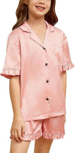 QPANCY Silk Pajamas for Girls Button Down 2 Piece Pj Sets Kids Satin Pajamas Ruffle Short Sleeve Sleepwear Loungewear in Saudi Arabia