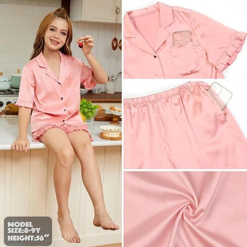 QPANCY Silk Pajamas for Girls Button Down 2 Piece Pj Sets Kids Satin Pajamas Ruffle Short Sleeve Sleepwear Loungewear in Saudi Arabia