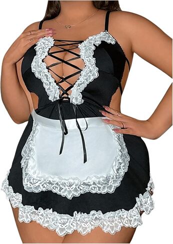 WDIRARA Women's Plus Size 2 Piece Contrast Lace Cosplay Lingerie Set Maid Costume Set Dress and Belt in Saudi Arabia