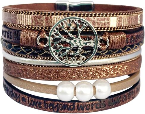 P Ammy Fashion® Tree Inspirational Tree of Life Wide Leather Bracelets for Women Boho Cuff Bohemian Jewelry Hompts bangle with Clasp Magnetic Clasp in Kuwait