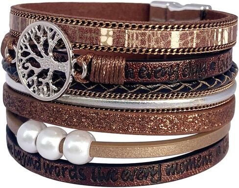 P Ammy Fashion® Tree Inspirational Tree of Life Wide Leather Bracelets for Women Boho Cuff Bohemian Jewelry Hompts bangle with Clasp Magnetic Clasp in Kuwait