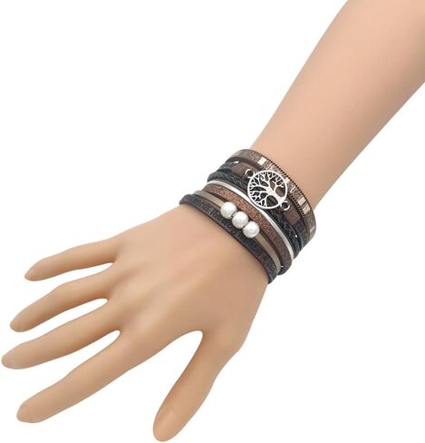 P Ammy Fashion® Tree Inspirational Tree of Life Wide Leather Bracelets for Women Boho Cuff Bohemian Jewelry Hompts bangle with Clasp Magnetic Clasp in Kuwait