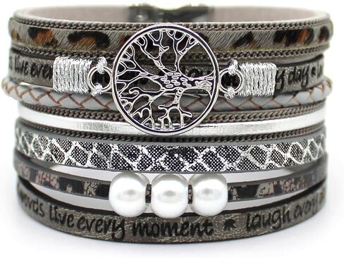 P Ammy Fashion® Tree Inspirational Tree of Life Wide Leather Bracelets for Women Boho Cuff Bohemian Jewelry Hompts bangle with Clasp Magnetic Clasp in Kuwait