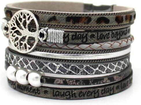 P Ammy Fashion® Tree Inspirational Tree of Life Wide Leather Bracelets for Women Boho Cuff Bohemian Jewelry Hompts bangle with Clasp Magnetic Clasp in Kuwait