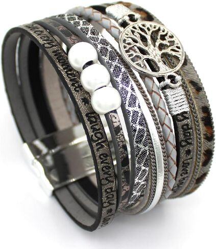 P Ammy Fashion® Tree Inspirational Tree of Life Wide Leather Bracelets for Women Boho Cuff Bohemian Jewelry Hompts bangle with Clasp Magnetic Clasp in Kuwait