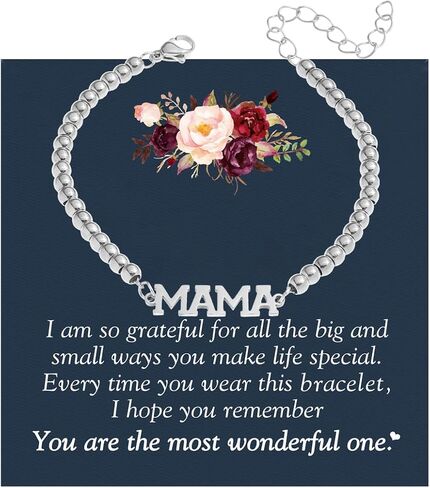 Mama Bracelet For Women, To My Mom 18k Gold Plated 4MM Stainless Steel Beads Chain Mothers Day Statement Charm Gift Jewelry in Kuwait