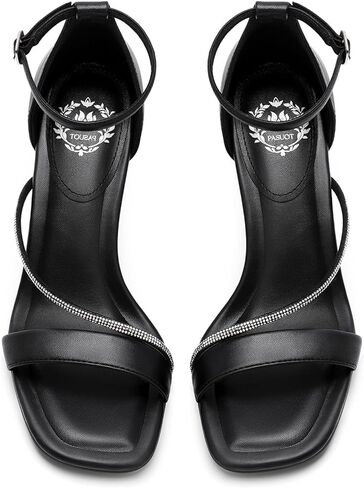 Pasuot Strappy Heels for Women - Open Square Toe Sparkly Stiletto Heel, Rhinestone Straps High Heeled Sandals for Party Prom Homecoming Office Wear, Gold Silver Black Nude, Not for Wide Feet in Kuwait