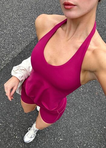 PAVOI ACTIVE Workout Halter Tops for Women Built in Bra - Low Support V Neck Backless Sports Tank Top Shelf Bra - HiPerform in Saudi Arabia