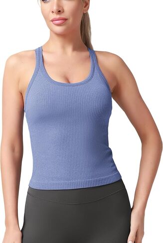 Seamless Ribbed Workout Racerback Tank Tops with Built in Shelf Bra for Women in Saudi Arabia