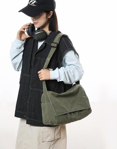 Canvas Messenger Bag for Women Men Vintage Satchel Bag Aesthetic Crossbody Shoulder Bag Casual Sling Bag in Kuwait