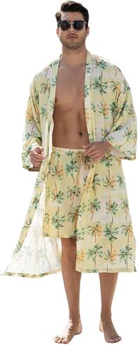 Men's lightweight robe 2 Piece Japanese Kimono Robe and Shorts Set Casual Belted Open Front Long Robe in Saudi Arabia