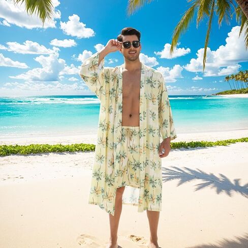 Men's lightweight robe 2 Piece Japanese Kimono Robe and Shorts Set Casual Belted Open Front Long Robe in Saudi Arabia