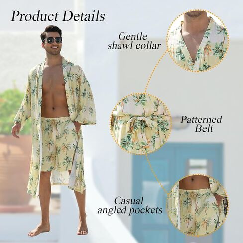 Men's lightweight robe 2 Piece Japanese Kimono Robe and Shorts Set Casual Belted Open Front Long Robe in Saudi Arabia