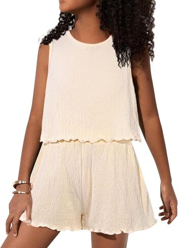 Girls' Summer 2 Piece Outfits Sleeveless Tank Tops and Wide Leg Shorts Sets in Kuwait