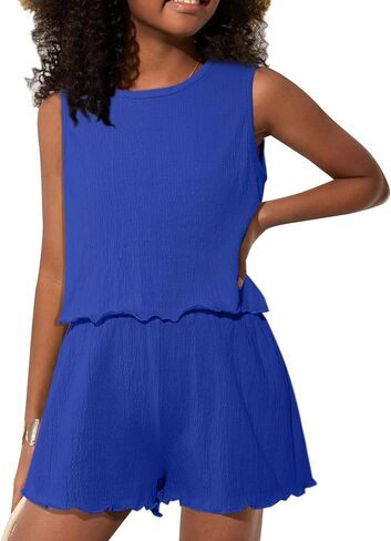 Girls' Summer 2 Piece Outfits Sleeveless Tank Tops and Wide Leg Shorts Sets in Kuwait