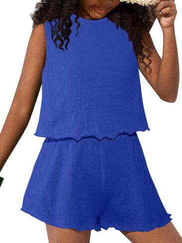 Girls' Summer 2 Piece Outfits Sleeveless Tank Tops and Wide Leg Shorts Sets in Kuwait