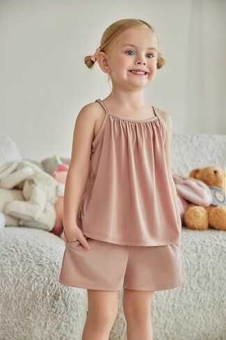 Arshiner Toddler Girl Summer Clothes 2 Piece Loose Spaghetti Strap Tank Top and Short Set Kids Clothing Sets with Pockets in Saudi Arabia