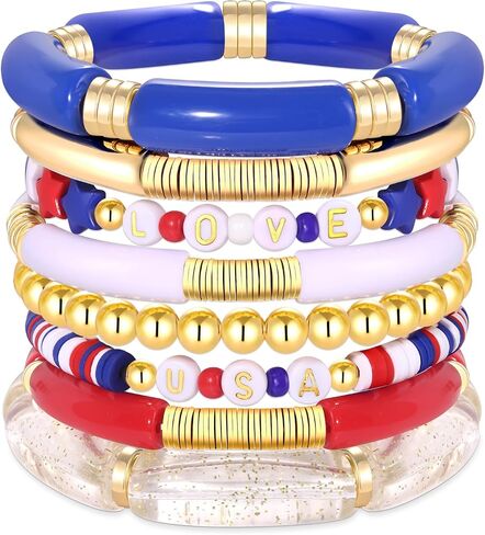 FAERLIIRY 4th of July Bracelets Red White Blue Bracelets American Flag USA Clay Beaded Bracelet Heishi Stretch Stackable Bracelets Patriotic Friendship Bracelet Surfer Preppy Summer Beach Jewelry in Saudi Arabia