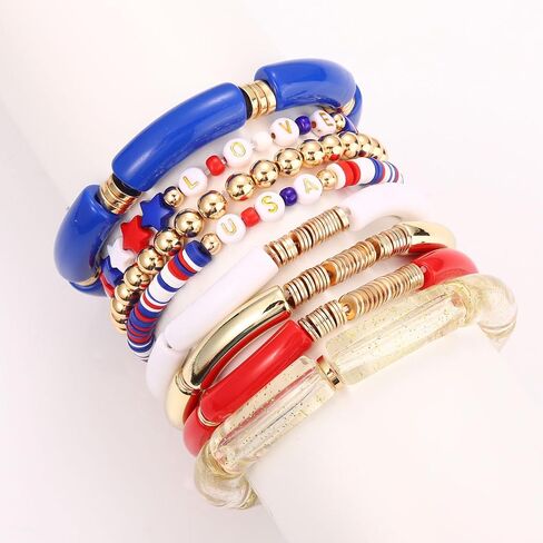 FAERLIIRY 4th of July Bracelets Red White Blue Bracelets American Flag USA Clay Beaded Bracelet Heishi Stretch Stackable Bracelets Patriotic Friendship Bracelet Surfer Preppy Summer Beach Jewelry in Saudi Arabia