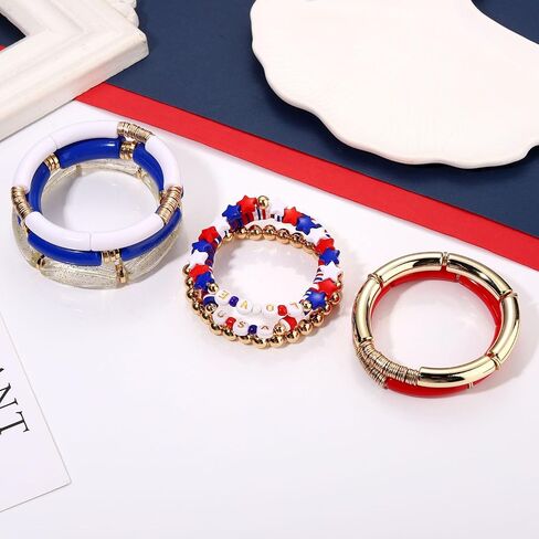 FAERLIIRY 4th of July Bracelets Red White Blue Bracelets American Flag USA Clay Beaded Bracelet Heishi Stretch Stackable Bracelets Patriotic Friendship Bracelet Surfer Preppy Summer Beach Jewelry in Saudi Arabia
